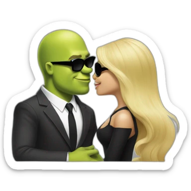 shrek kissing with white-guy-wearing-suit-with-blonde-hair-and-black-sunglasses sticker