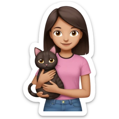 As una chica con piel marron claro con el pelo  medio largo color marron oscuro que tenga la chica una camiseta rosada mangas cortas con un jean claro que tenga ojos marrones la chica que la chica este sonriendo mientras sostiene entre sus brazos 1 gato negro gordito. sticker