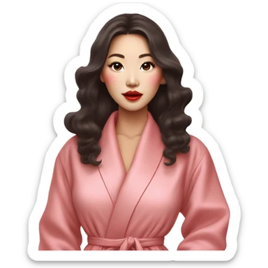 a beautiful korean woman with big lips, long eyelashes and long curled hair paints her lips with terracotta lipstick, she is dressed in a pink luxury housecoat sticker