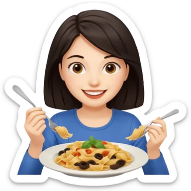 chica joven piel clara y pelo oscuro comiendo un plato de pasta sticker