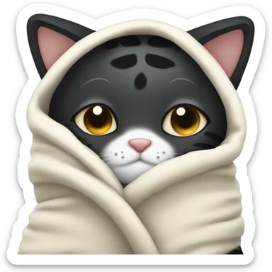 Black tiger cat with white mouth, white neck, with a cozy blanket sticker