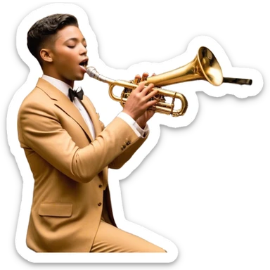 Create an elegant and vintage-inspired emoji representing jazz vocal performance. In the foreground, feature a classic, antique jazz microphone on a stand. Behind it, place a grand piano, with the lid slightly open, and have a Selmer Model 19 Balanced Action trumpet resting on top of the piano. The trumpet should have visible details like its shiny brass finish and the unique design of the valves. Add musical notes flowing around the scene to capture the improvisational essence of jazz. Use rich, deep colors like black, gold, and dark wood tones to evoke the timeless, sophisticated atmosphere of jazz. The background should be transparent. sticker