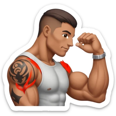 A hand makes a muscle that has a tattoo on it sticker