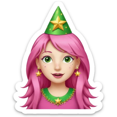 A girl with long pink hair and green eyes with long eyelashes and a happy face. She has freckles and a lit of bit of pink lipstick on her mouth, she’s also got a full gold birthday party hat on her head with gold pom poms on top of it, and her T-shirt is all red, she wore gold star earrings  sticker