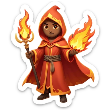 Clash of Clans aesthetic: Cinematic Ferocious Fire Mage Hero Emoji, rendered in a 3D vector-style similar to standard emojis with minimal shading and bold, simplified shapes. A compact, isometric figure draped in flowing, charred and ember-lined robes, wielding a fiery staff crackling with intense flames. Eyes burning with an infernal glow, exuding raw, untamed power. Simplified yet unmistakably iconic, highly detailed and consistent, glowing with a fiery, molten radiance and high shine. Stylized with a touch of menacing sorcery and a searing, ember-infused outline, capturing the essence of a wrathful mage ready to unleash devastating fire magic! sticker