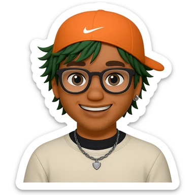 Make the orange cap's visor clearly visible on the back of the head, add more messy green hair in front, and put a small Nike logo on the front of the cap. Keep the street style and big smile. Transparent background. sticker