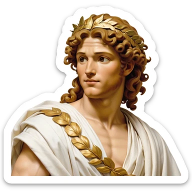 Cinematic Realistic Hercules Portrait, head tilted dramatically with an exaggeratedly amused expression, blending the fierce valor of the Hercules with the classic elegance of Michelangelo's David. His light tan skin and thick, curly, golden brown hair, rendered with meticulous classical detail, frame a face of heroic determination and playful charm. Clad in a gracefully draped white robe adorned with subtle golden embellishments and accented by a distinguished Greek laurel wreath, dynamic lighting accentuates both his formidable physical power and his approachable, spirited demeanor. sticker