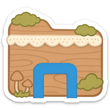 In the style of the provided icon, add a bright blue archway at the bottom center. The archway should match the shape and color of the blue piece from the File Explorer icon. Keep the rest of the icon unchanged, preserving the cottagecore theme with wood texture, lace, moss, and mushrooms. No words. Transparent background. sticker