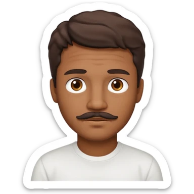 Homme brun cheveux court ondulé. Métisse. Yeux marrons très foncé. Avec t-shirt blanc avec une légère moustache  sticker