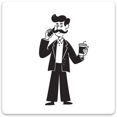 Wall Street finance bro with ridiculous oversized mustache, wearing expensive suit, holding phone and coffee sticker