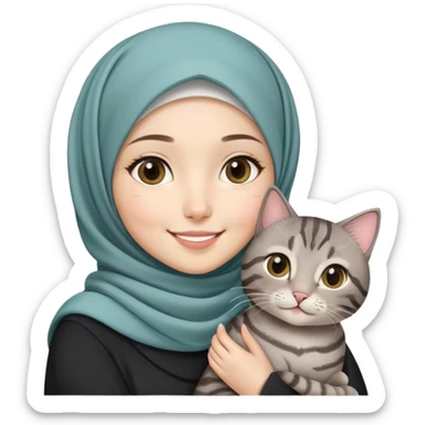 Asian White girl wearing pretty hijab holding a black grey tabby cat while smiling sticker