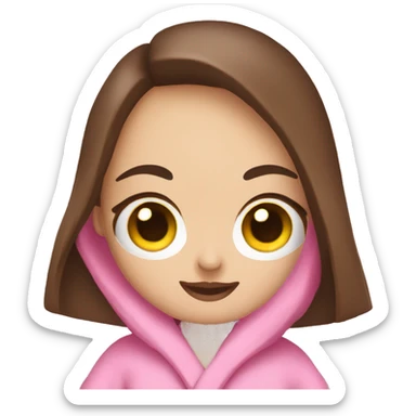 I want a cute female emoji with a round yellow face with big cute eyes with big eyelashes and a feminine mouth and with long dark brown hair and wearing a pink bathrobe sticker