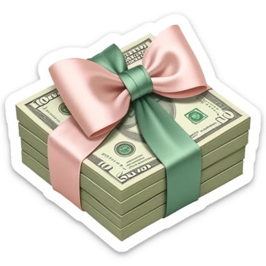 Neat money stack tied with a blush satin bow, muted green $100 bills, soft luxury rich  sticker