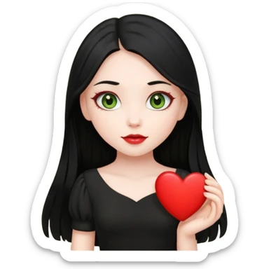 Pale girl with long black hair and olive green eyes wearing black dress and holding a heart sticker