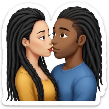 Latina Woman with long hair kissing a young black guy with dreads no beard sticker