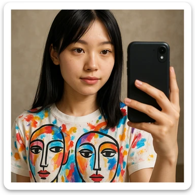 20 year old girl with straight, slightly long black hair, brown eyes, thin pink lips, wearing a face paint shirt, taking a selfie with a black phone sticker