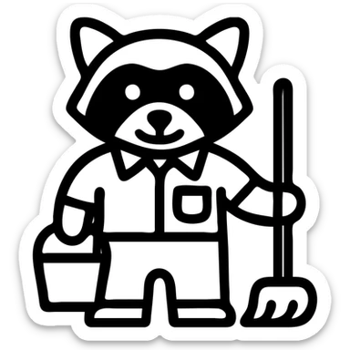 a raccoon in a janitor uniform, holding a mop and bucket, friendly look, outlined icon style sticker