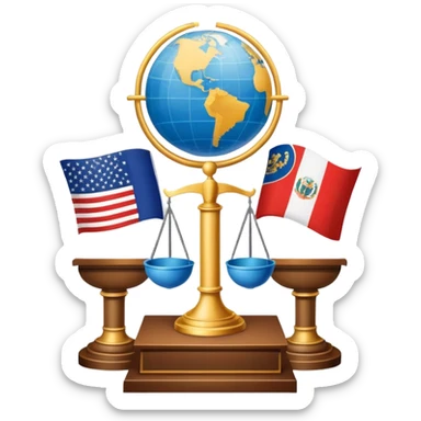 An icon featuring a podium with a speaker, national flags, and voting ballots, symbolizing political science. The design includes a globe and scales of justice in the background, representing governance, global affairs, and political theory. Transparent background emphasizes civic engagement sticker