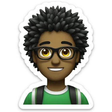 black male with spiky hair with black on the top and gold on the bottom glasses, with a girl with brown hair green eyes and black semi circle glasses sticker