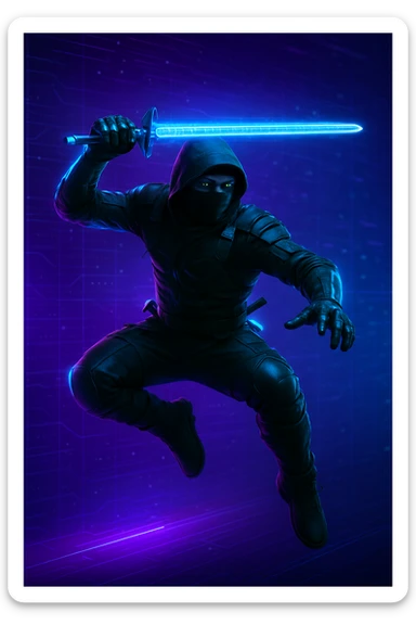 Add a glowing digital sword to the cyber ninja, keeping the original style and background intact. The style is cyber ninja with a digital, futuristic look, so the sword should have a glowing, high-tech digital effect that fits seamlessly with the cyber ninja theme. sticker
