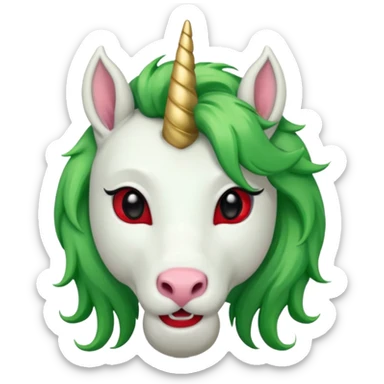 white furred unicorn with green hair and big red earrings looking into camera and big horn sticker