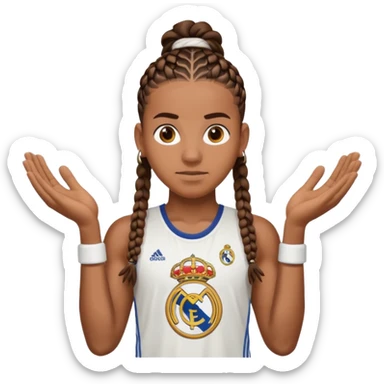 Make raphinha strong with cornrows and buff holding a the real madrid logo in between hid hands sticker