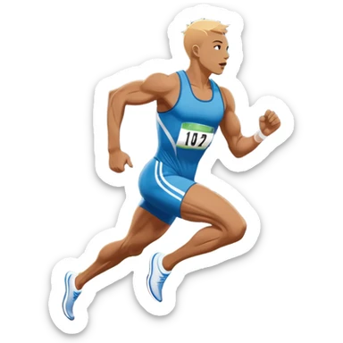 An icon showing a running track with lanes marked in white. A sprinter in mid-stride pushes forward, muscles tense. In the background, a large stadium filled with cheering fans and bright lights. The sky is clear and blue. Transparent background emphasizes the speed and energy of running. sticker