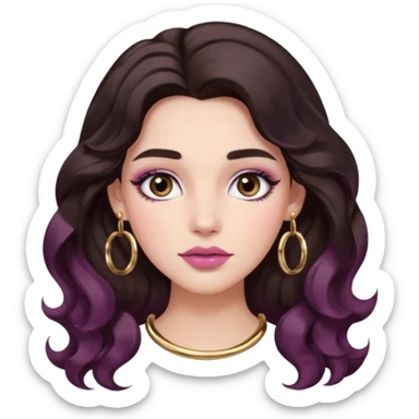 Woman with long dark brown wavy 2b hair, big brown eyes, thick brows, fair/light-medium skin, rosy blush, glossy mauve lips, gold hoops, and soft natural glam makeup. sticker