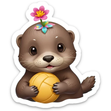 super cute baby otter with a tiny colorful flower on its head, gentle expression and soft rounded eyebrows, floating on clearly visible blue water with waves, baby otter with big sweet eyes holding a volleyball with both small paws above water sticker