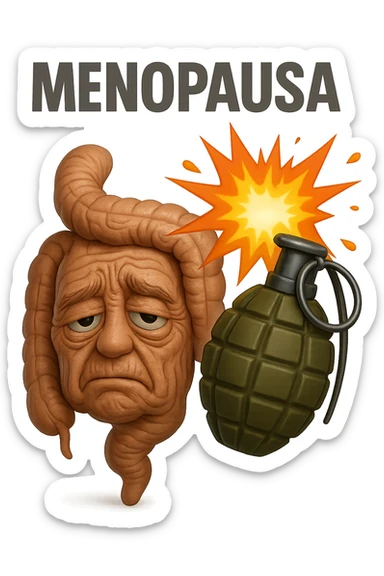 EMOJI STILE IPHONE 3D DI INTESTINO ANZIANO CON RUGHE SFINITO CON ESPRESSIONE STANCA, ACCANTO A LUI SCOPPIA UNA GRANATA 3D CON LA SCRITTA "MENOPAUSA" SOPRA sticker