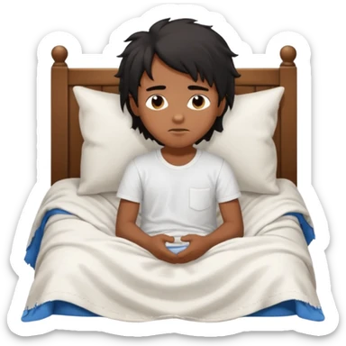 generate a pretty bratz brown skinned boy with black messy long hair wearing a white tshirt sitting in his in bed. Looking sleepy sticker
