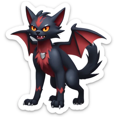   cool edgy beautiful fantasy anime-style dark animal vampiric Litten-Zoroark-Nargacuga-cat-hybrid Fakemon with big fangs and bat-ears full body sticker