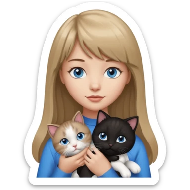 Apple-style emoji sticker of a young woman with long dark blond hair and bang, blue eyes , holding a black and white kitty sticker