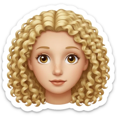 Blond curly hair white women, oval shape face hazel eyes long lashes little bit of freckles high cheek bones sticker