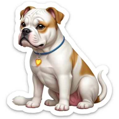 cinematic-[american bulldog]-realistic-full-body-sitting-emoji,-tail-resting-loosely-beside-its-paws,-head-tilted-dramatically,-sleek-[white]-fur,-simplified-yet-realistic-focused-features,-highly-detailed,-glowing-with-an-almost-sarcastic-glow sticker