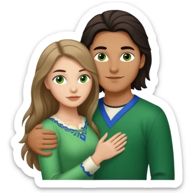 young Métis man and young white woman holding each other affectionately, the woman has long dark hair and green eyes sticker