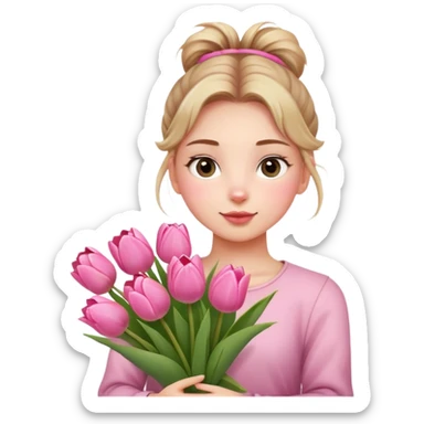 A girl with a messy bun, holding a bunch of pink tulips. sticker
