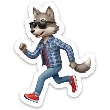 friendly anthropomorphised wolf in jeans and plaid shirt, wearing dark sunglasses, jogging upright in standard pose sticker