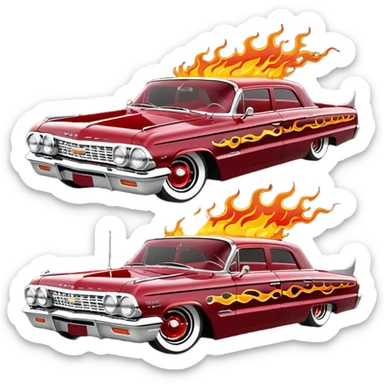 Satan’s streamlined Hot rod custom 1964 impala low rider four door themed painted hood flaming side-mounted under-door chrome exhaust pipes driving straight to hell  sticker