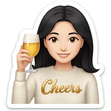 A woman with longer black hair, light to medium skin tone, full cheeks, and almond-shaped eyes, wearing a simple white sweater with the word 'cheers' in gold script, joyful and radiant expression, cheerful, emoji style, just her torso, no hands, no cups, no drinks. sticker