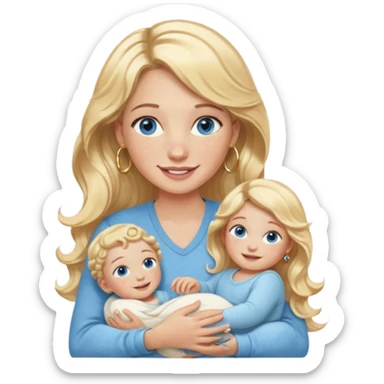Wavy blonde, white woman with blue eyes, freckles hoop earrings, holding babies smiling and really cute in gold hoops she needs to be holding three newborns, and she needs to be more cute than pretty sticker