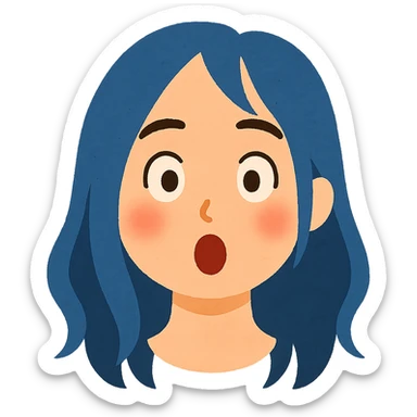 Create a soft cartoon face of Billie Eilish's head in the style of the reference image with simple features, no background. Use blue hair and a different facial expression: surprised. sticker