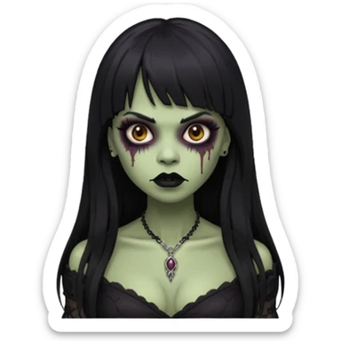 vampira gótica parda zumbi de cabelo longo e preto e franja e roupa com decote e batom preto sticker