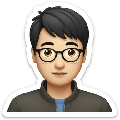 A young Chinese man with black hair, short hair, and a center cut. He has black framed glasses, small eyes, big nostrils, and a round face. He is working with a laptop in front of him sticker