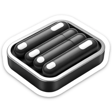 Minimalistic futuristic black medicine pills pack emoji, metallic black and white, reflective sleek surfaces, flat vector design, high-tech clean UI icon sticker