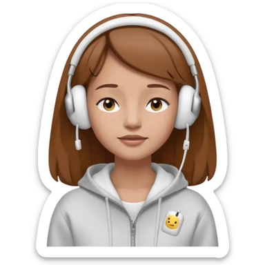 A clean, minimal emoji-style illustration of a light-skinned girl with brown hair worn loose. Her eyes are closed while listening to music with silver AirPods Max. She’s wearing a white zip-up hoodie. Smooth 3D emoji style, soft lighting, neutral tones. sticker