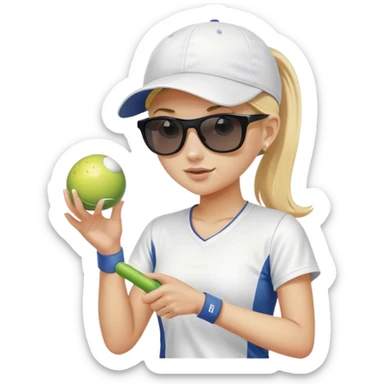 Girl with blond hair in a ponytail wearing a white baseball cap and sunglasses holding a  pickleball sticker