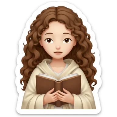 slender girl with fair skin with long curly brown hair wrapped in a cream blanket in her hands a white book eyes closed sticker