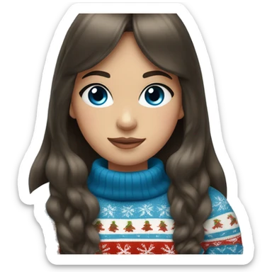 A girl with bangs of dark brown hair and blue eyes in a Christmas sweater sticker