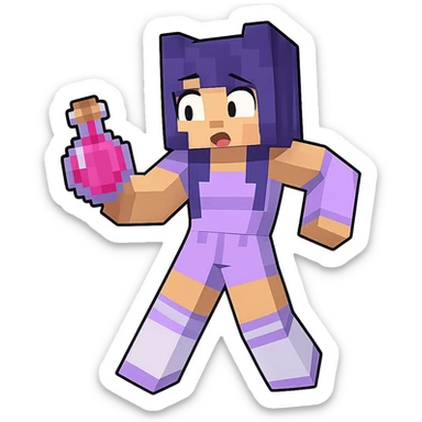 Extract the purple-haired character holding a potion as a separate image on a transparent background, preserving the original Minecraft cartoon style and appearance. sticker